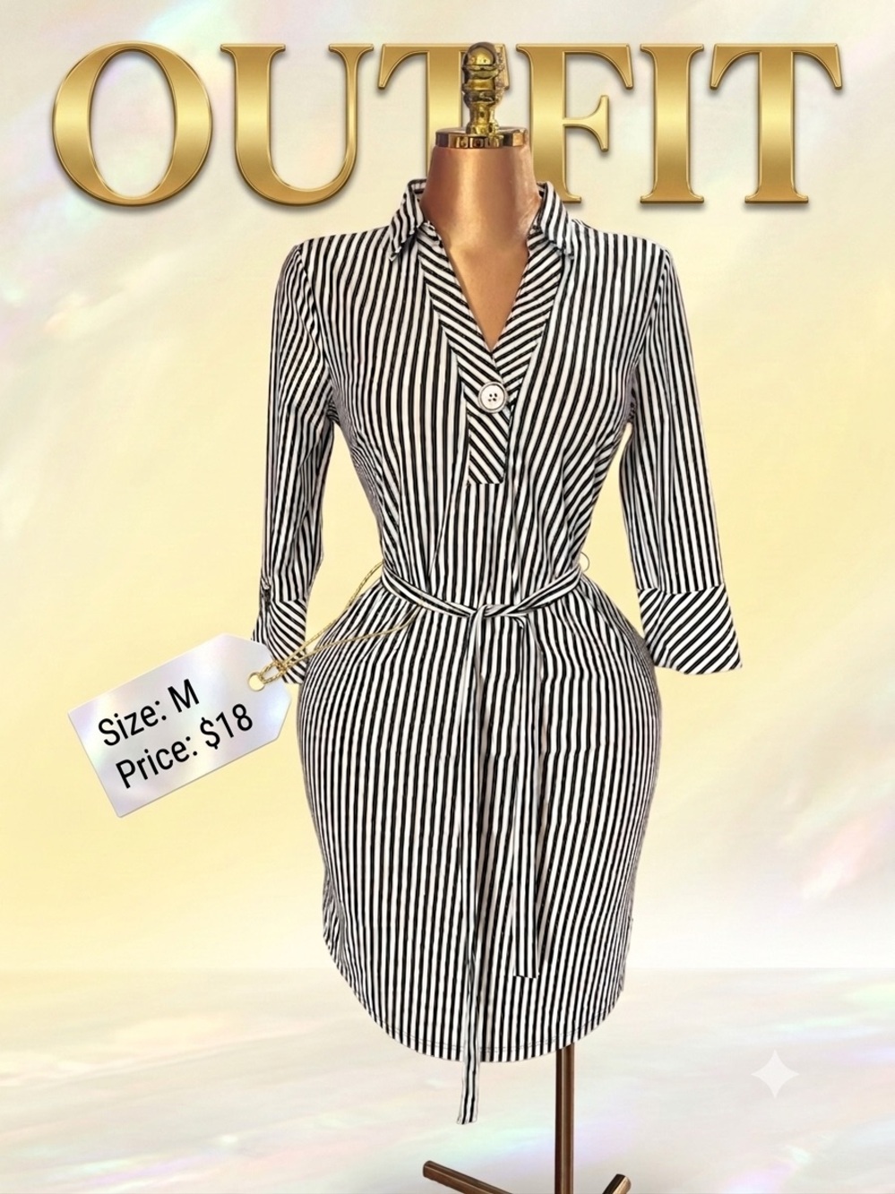 Striped Black & White Shirt Dress with Waist Tie